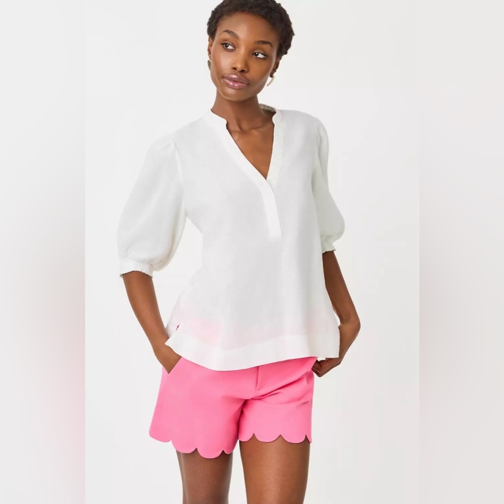 Lilly Pulitzer White Split-Neck Puff-Sleeve Blouse